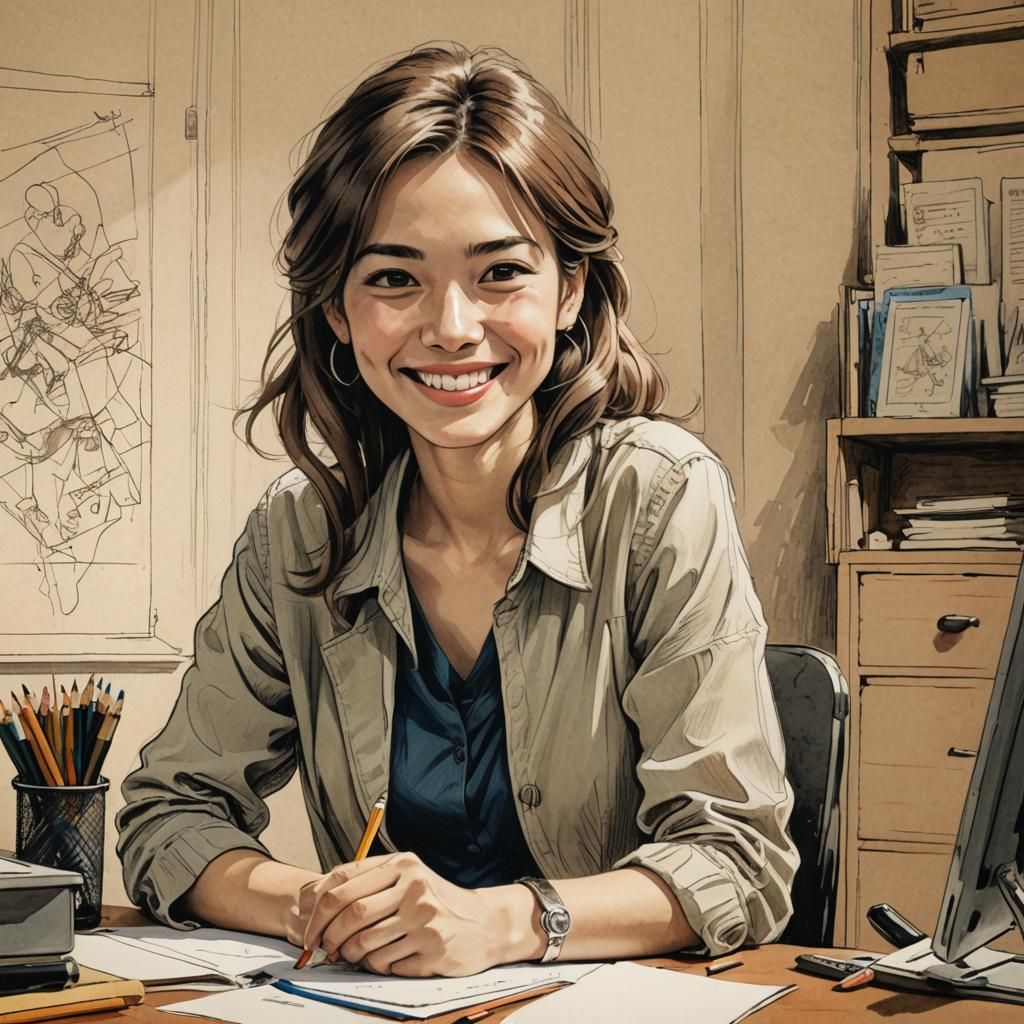 Anime-Style Smiling Woman at Her Desk