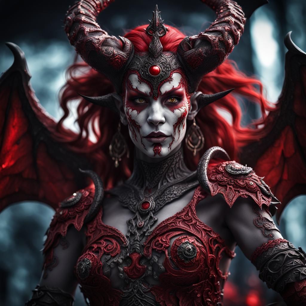 Beautiful Red-Skinned Demoness in Hyperrealistic Style