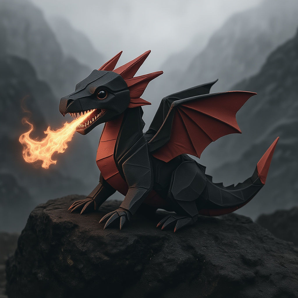 CGI Origami Dragon on Foggy Mountain