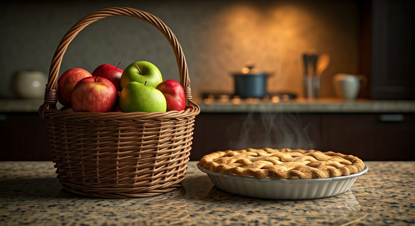 Hyperrealistic Still Life of Apples and Pie in Modern Kitche...