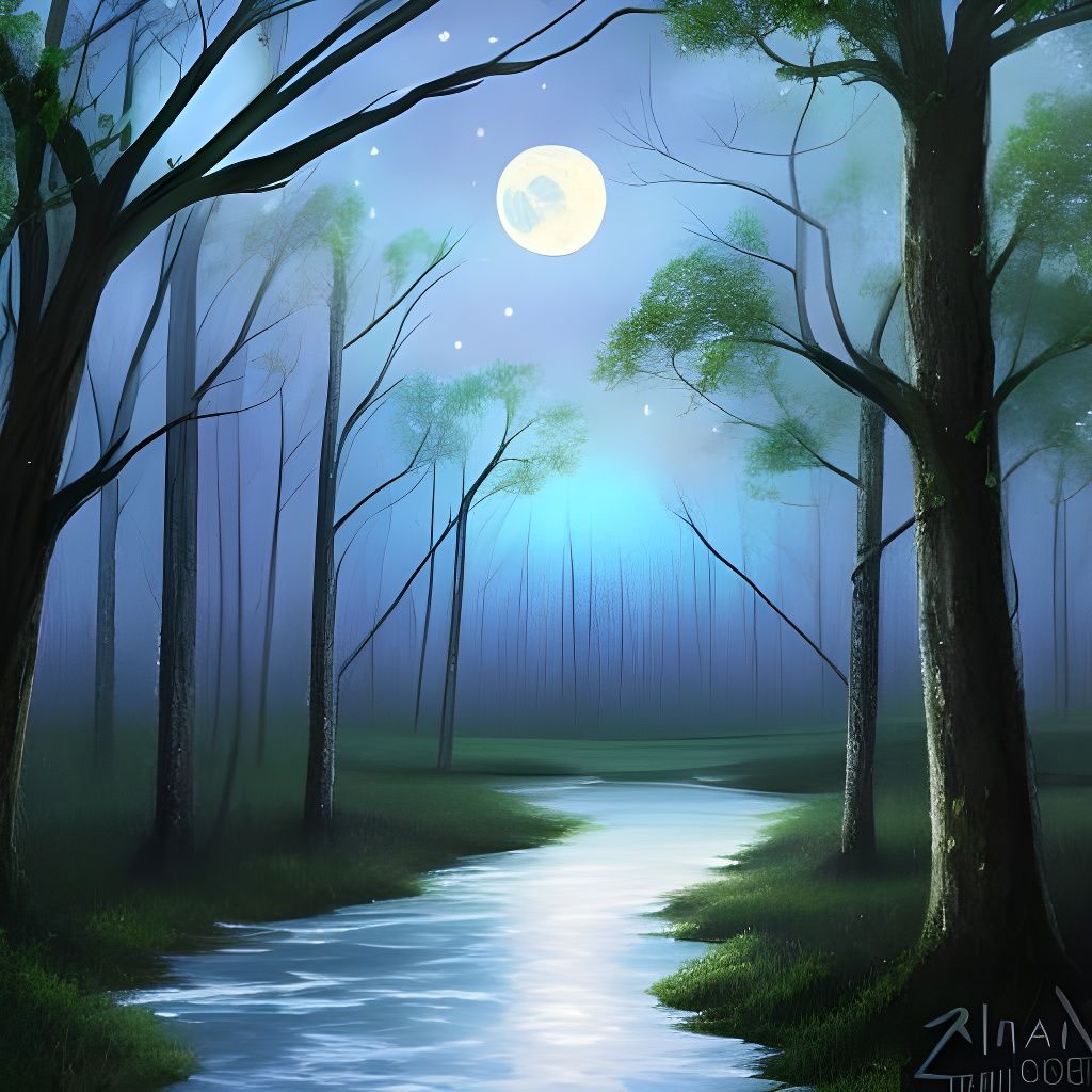 Moonlit Pine Barrens: Gothic Digital Illustration
