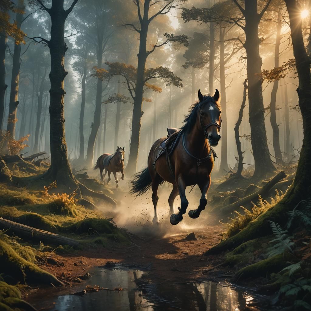 Horse and Dog Running in Misty Forest