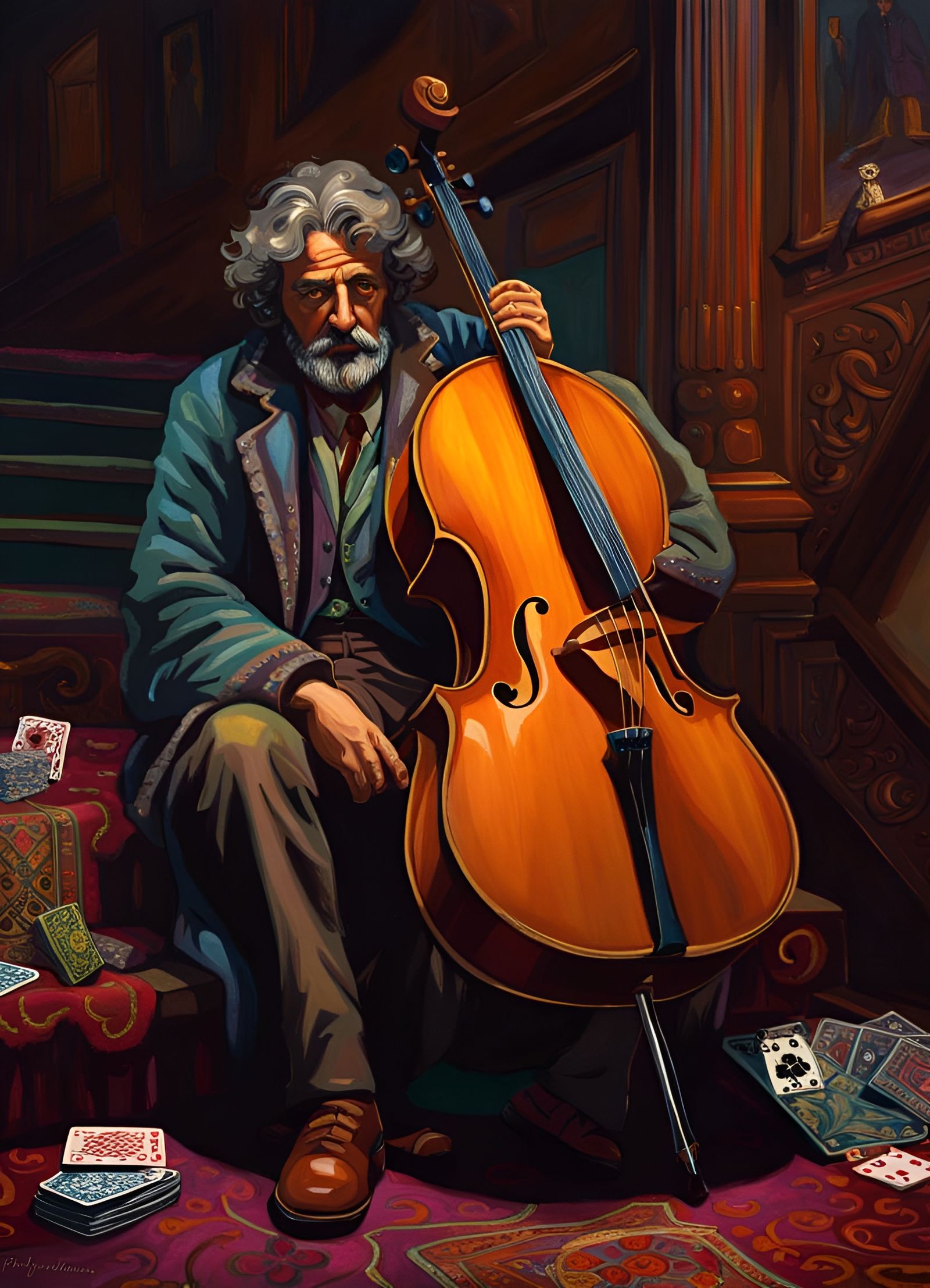 Sad Card Player with Cello: Alan Lee Style