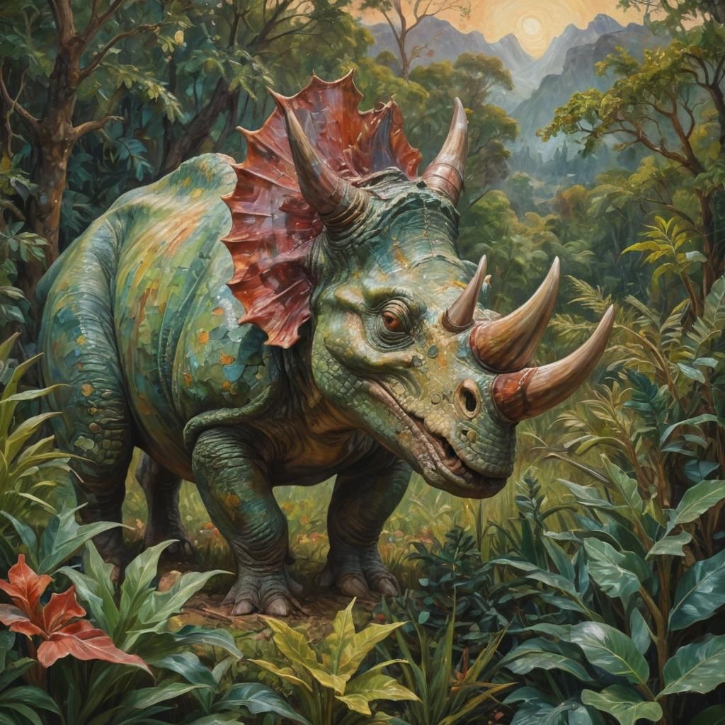 Surreal Triceratops in Dreamlike Landscape