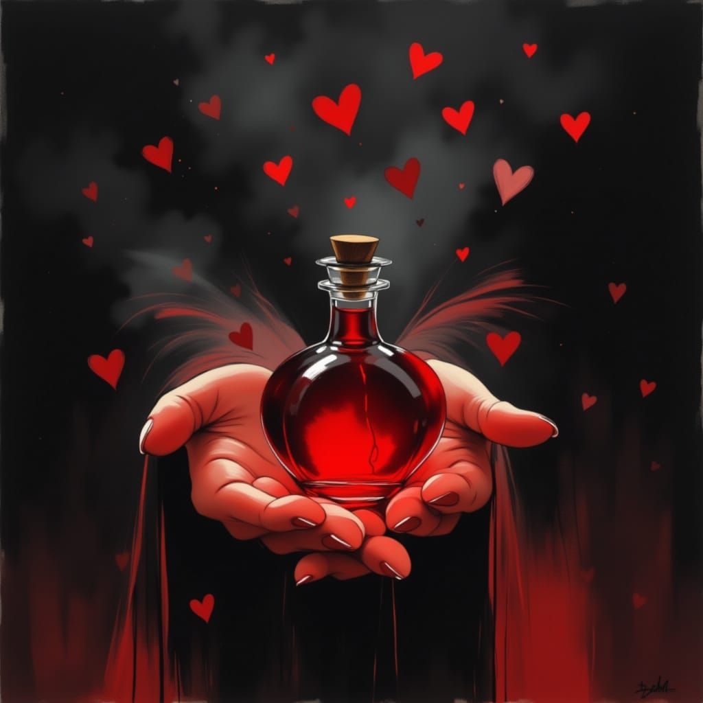 Witch Holds Crimson Love Potion Vial With Hearts and Smoke