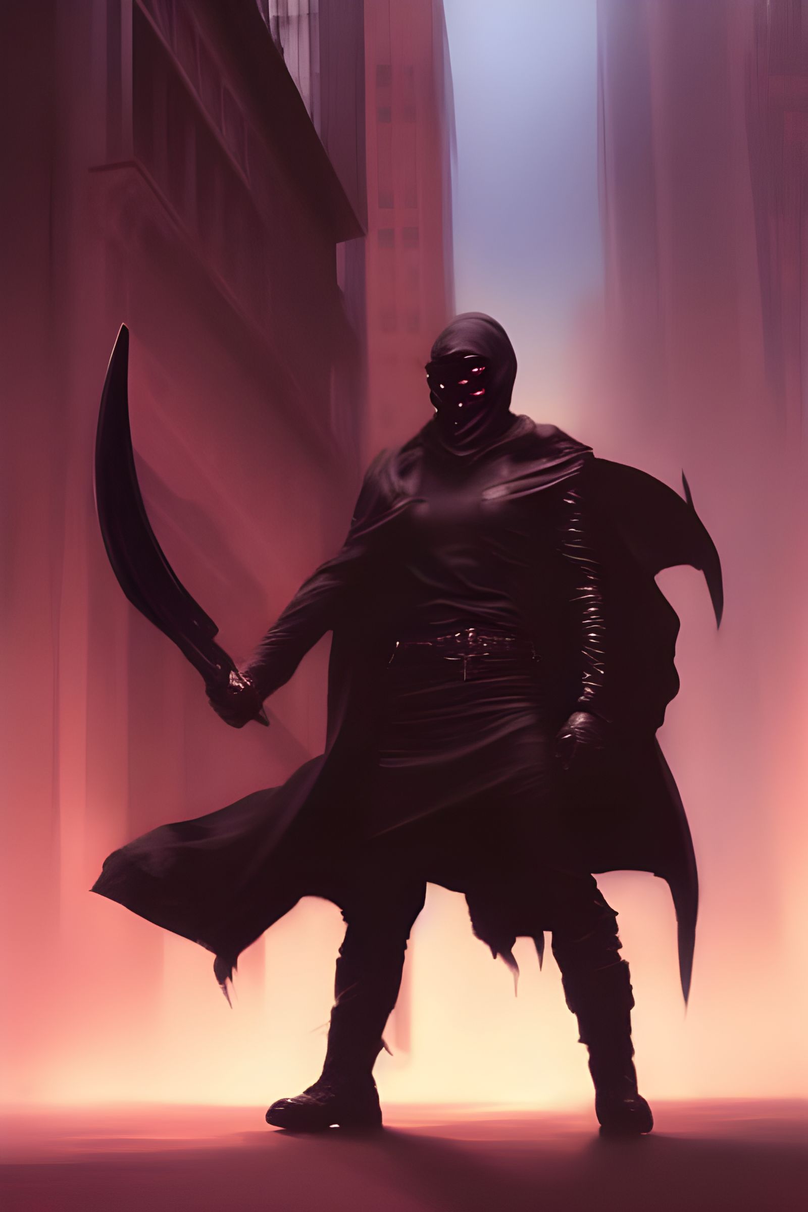 Masked Slasher in Dark Fantasy Cityscape
