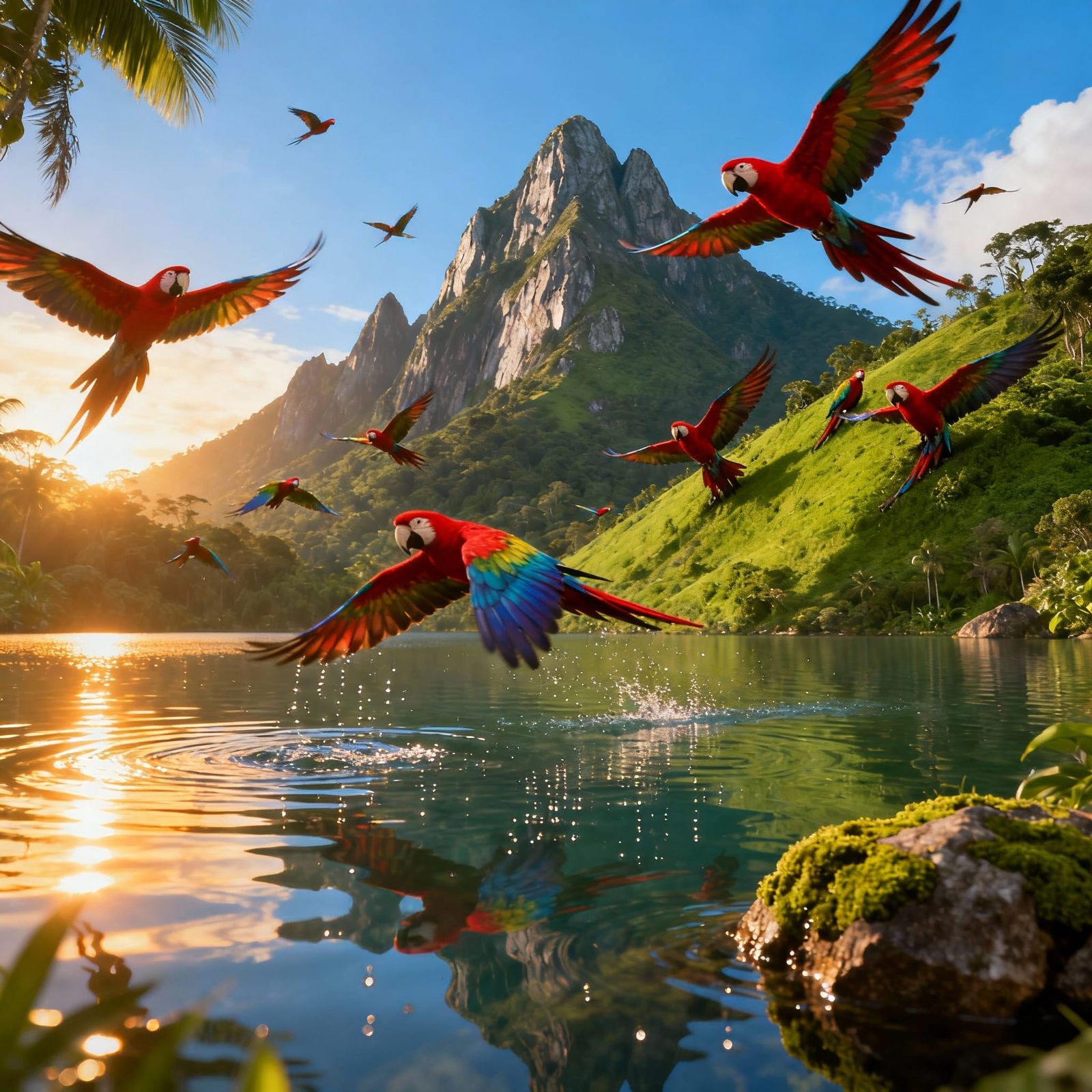 Vibrant Macaws Fly Over Tropical Lake at Golden Hour