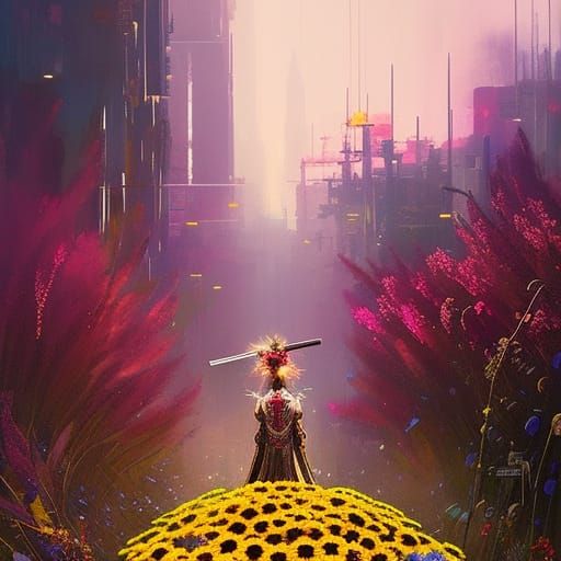 Cyberpunk Samurai Among Rococo Wildflowers