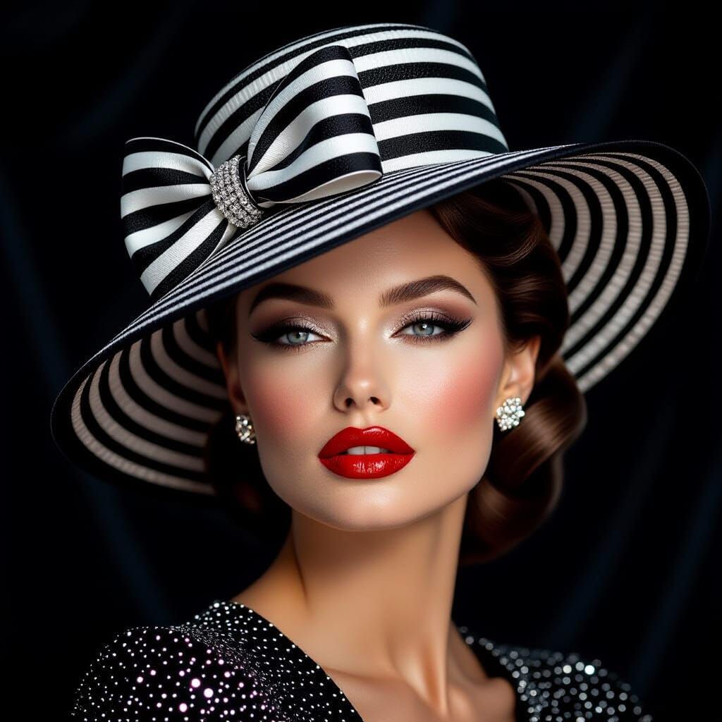 Glamorous Woman in Striped Hat, Hyperrealistic Portrait