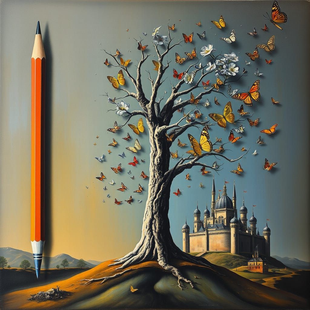 Surreal Pencil Tree with Butterflies, Dali-Inspired Art