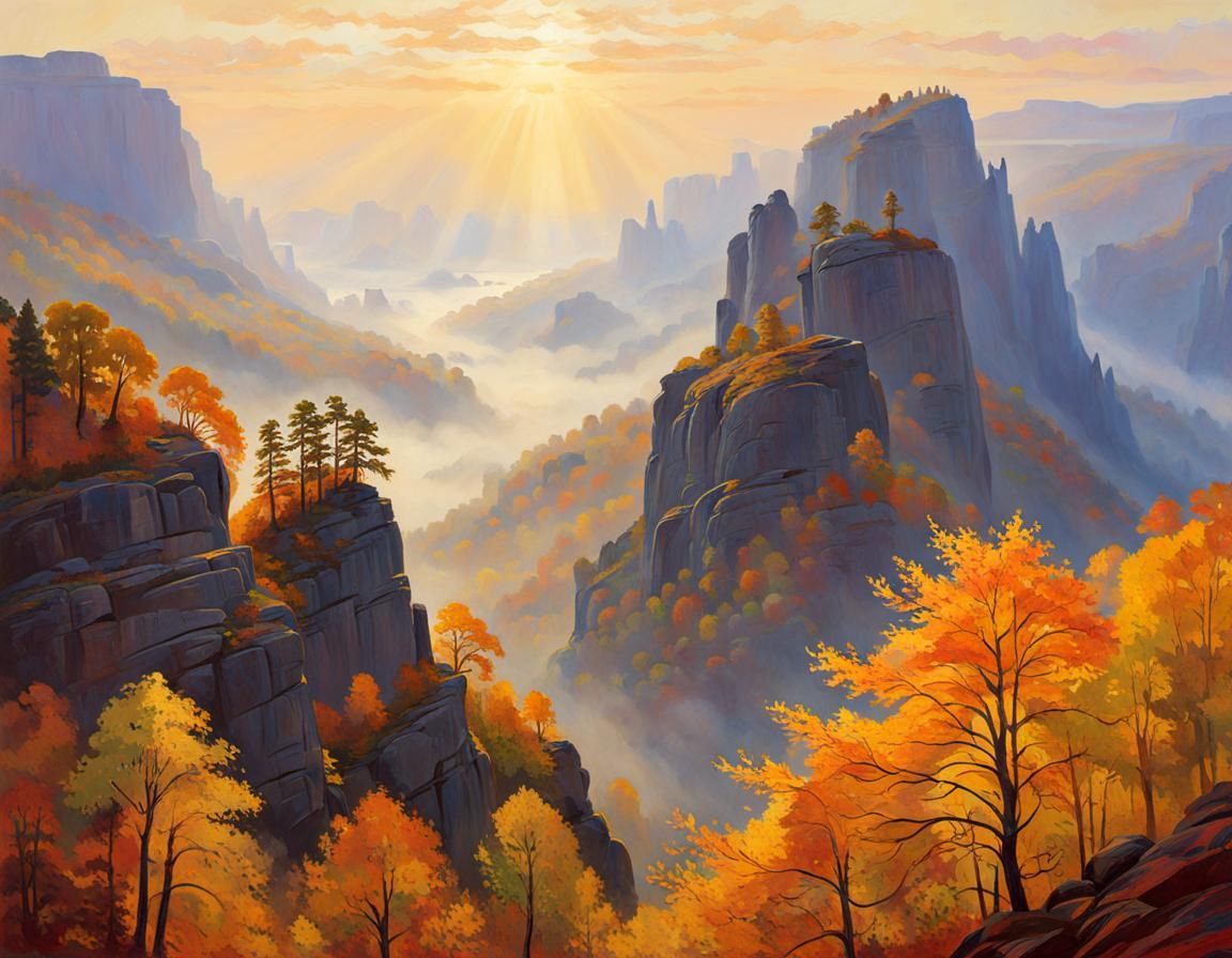 Elbe Sandstone Mountains in Fog, Stained Glass Style