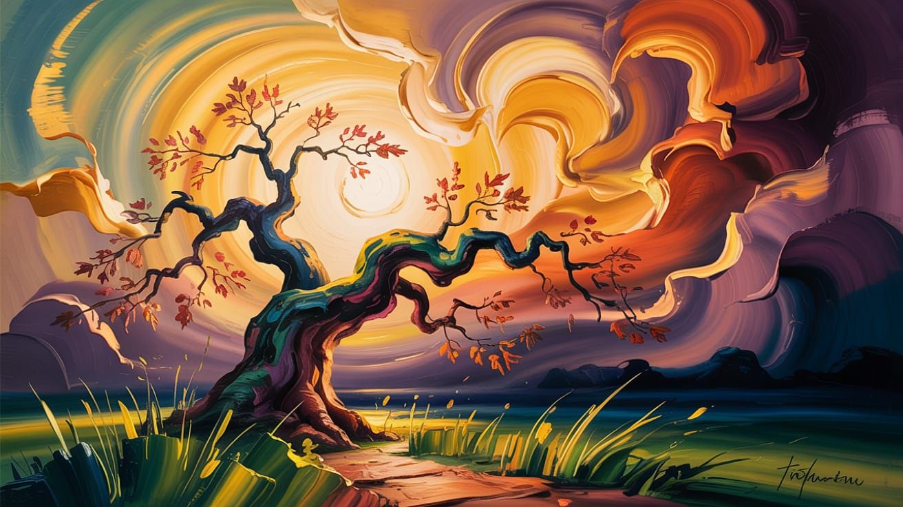 Gnarled Oak Silhouette: Impressionistic Oil Painting