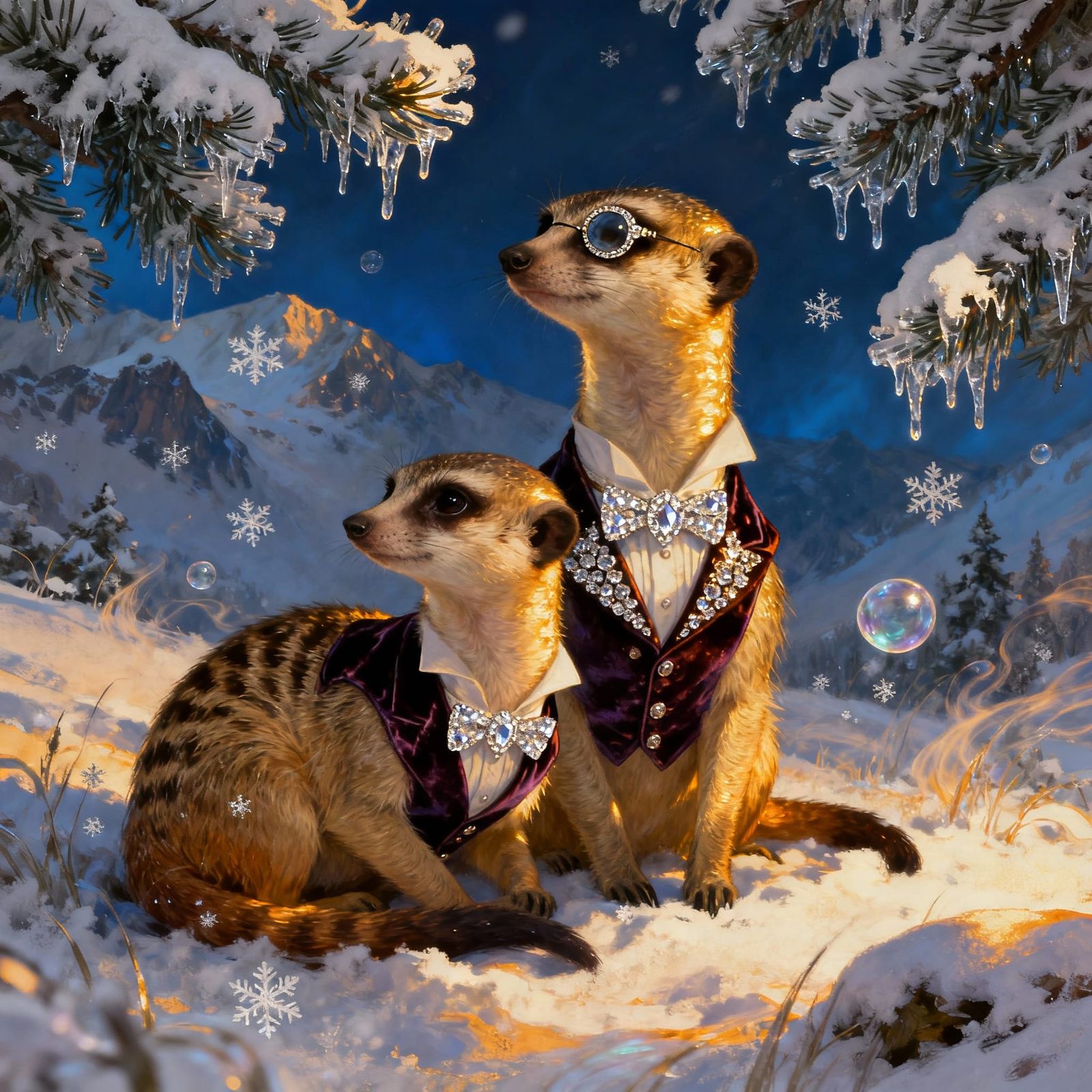 Snobbish Meerkats Curling in the Swiss Alps in Detailed Illu...