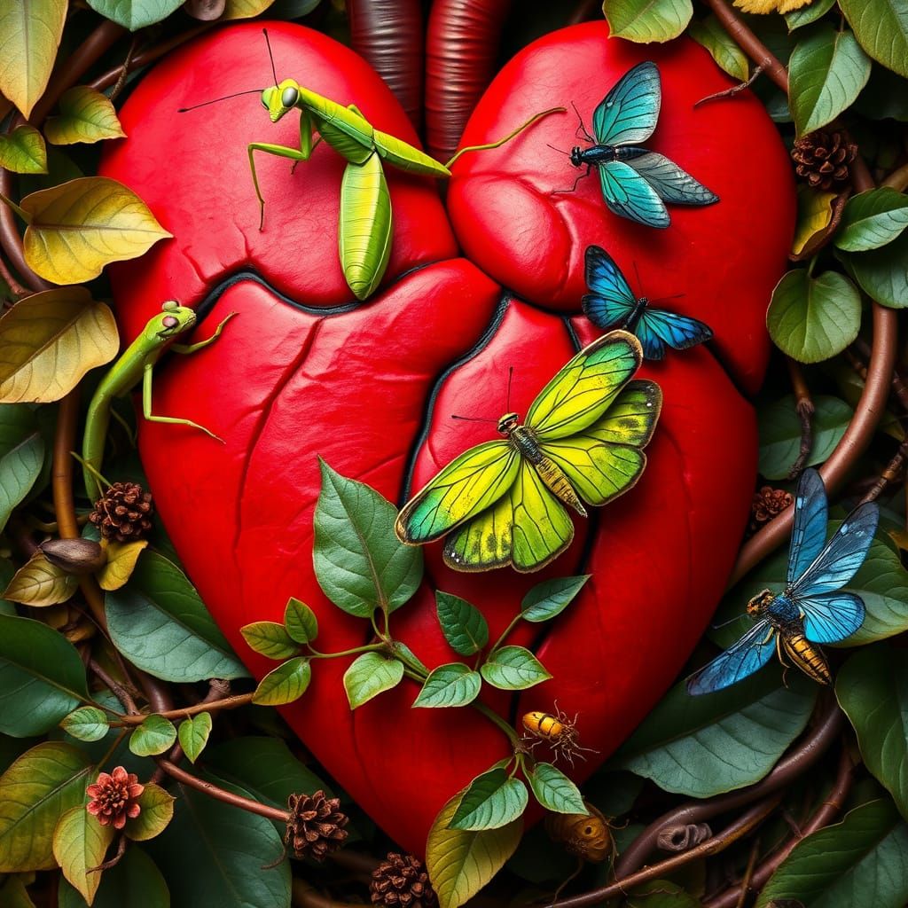 Realistic Heart in Lush Leafy Landscape with Insects