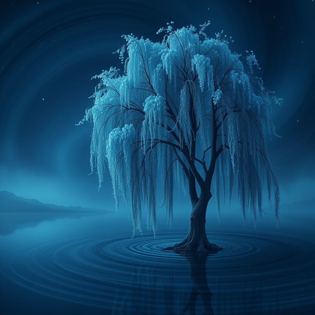 Blue Willow Tree by Lake, Digital Art