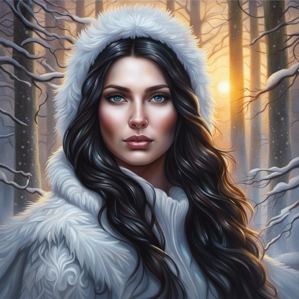 Gorgeous Snow Woman Portrait in Snowy Forest