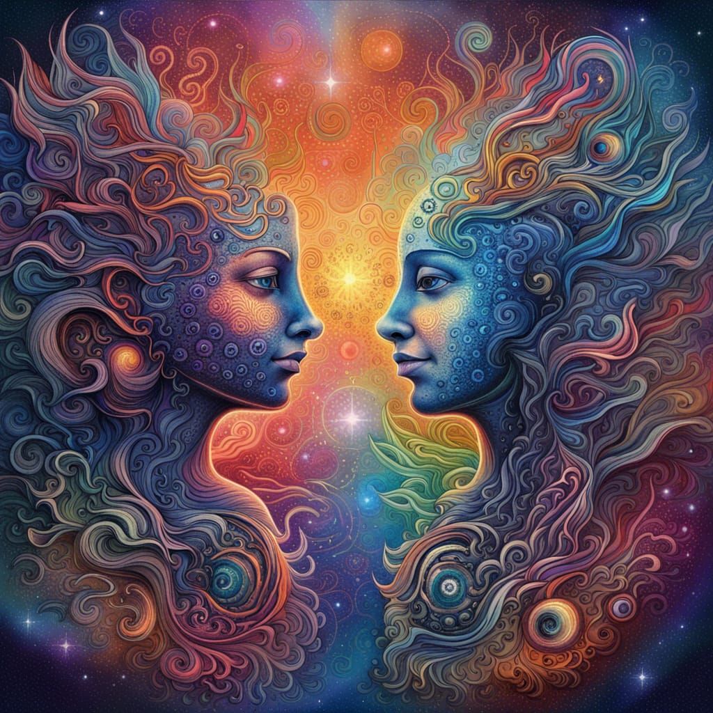 Holographic Astral Entities Collaborate in Acrylic Illustrat...