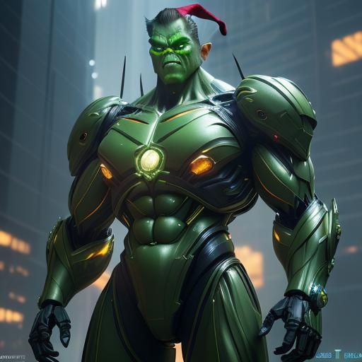 Superpowered Grinch Stealing Christmas in Sci-Fi Style