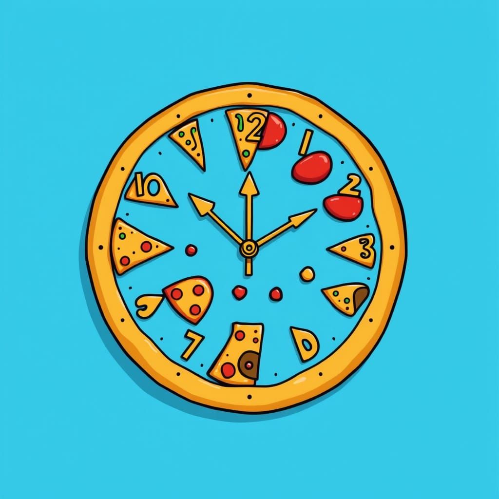 Pizza Clock with Slices as Hands, Humorous Cartoon Style