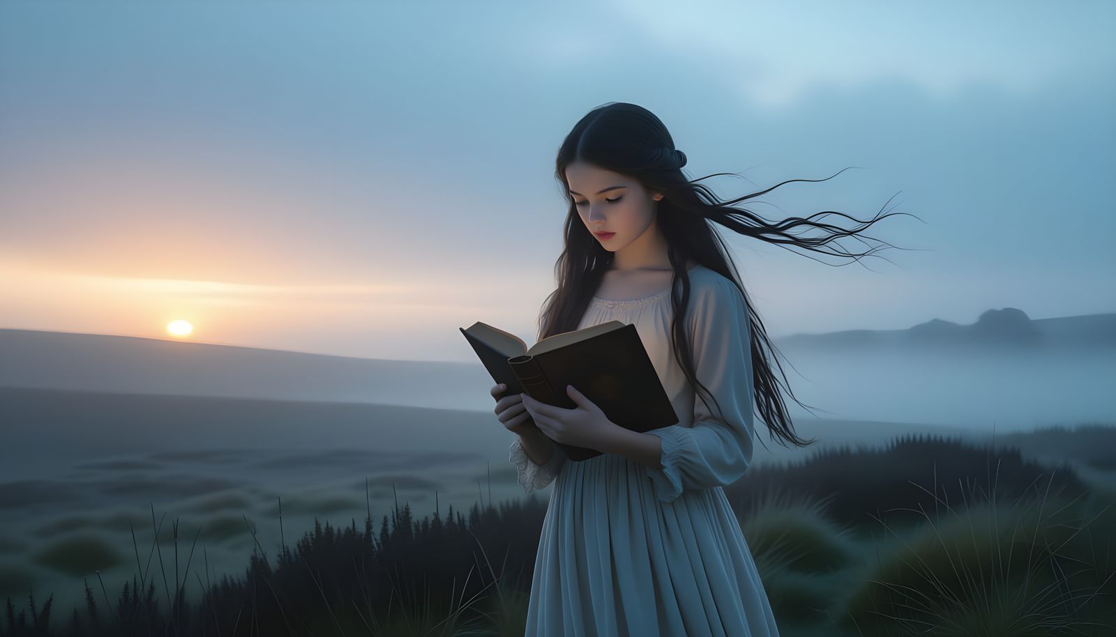 Misty Moor Girl with Book: Photorealistic Travel Photography