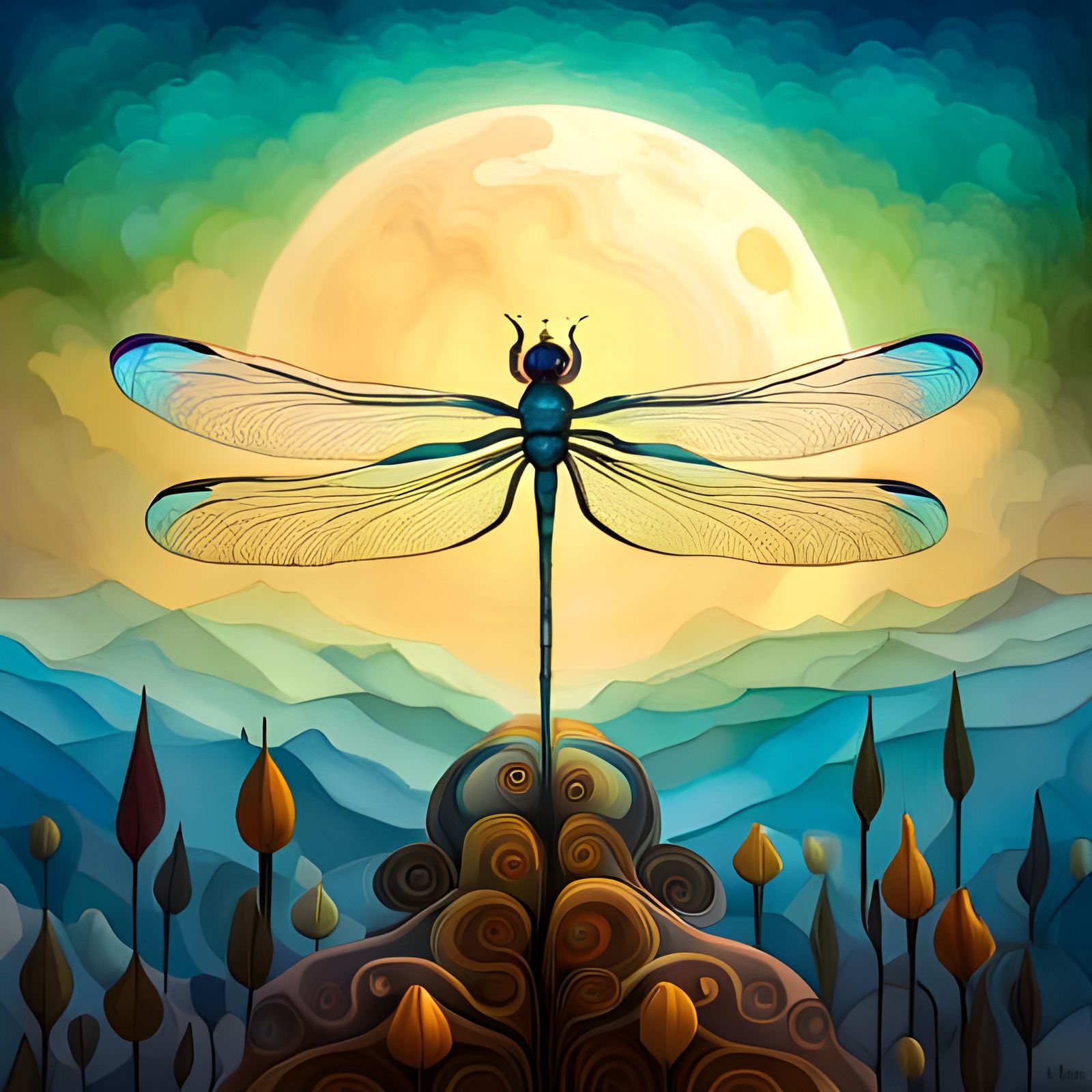 Iridescent Dragonfly in Abstract Double Exposure Collage