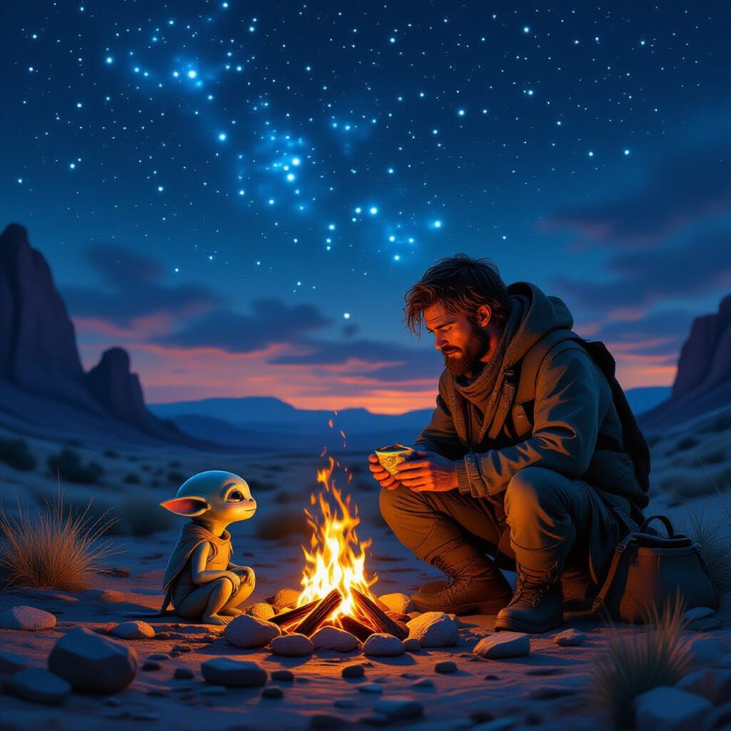 Compassionate Traveler Aids Injured Alien Under Starry Sky