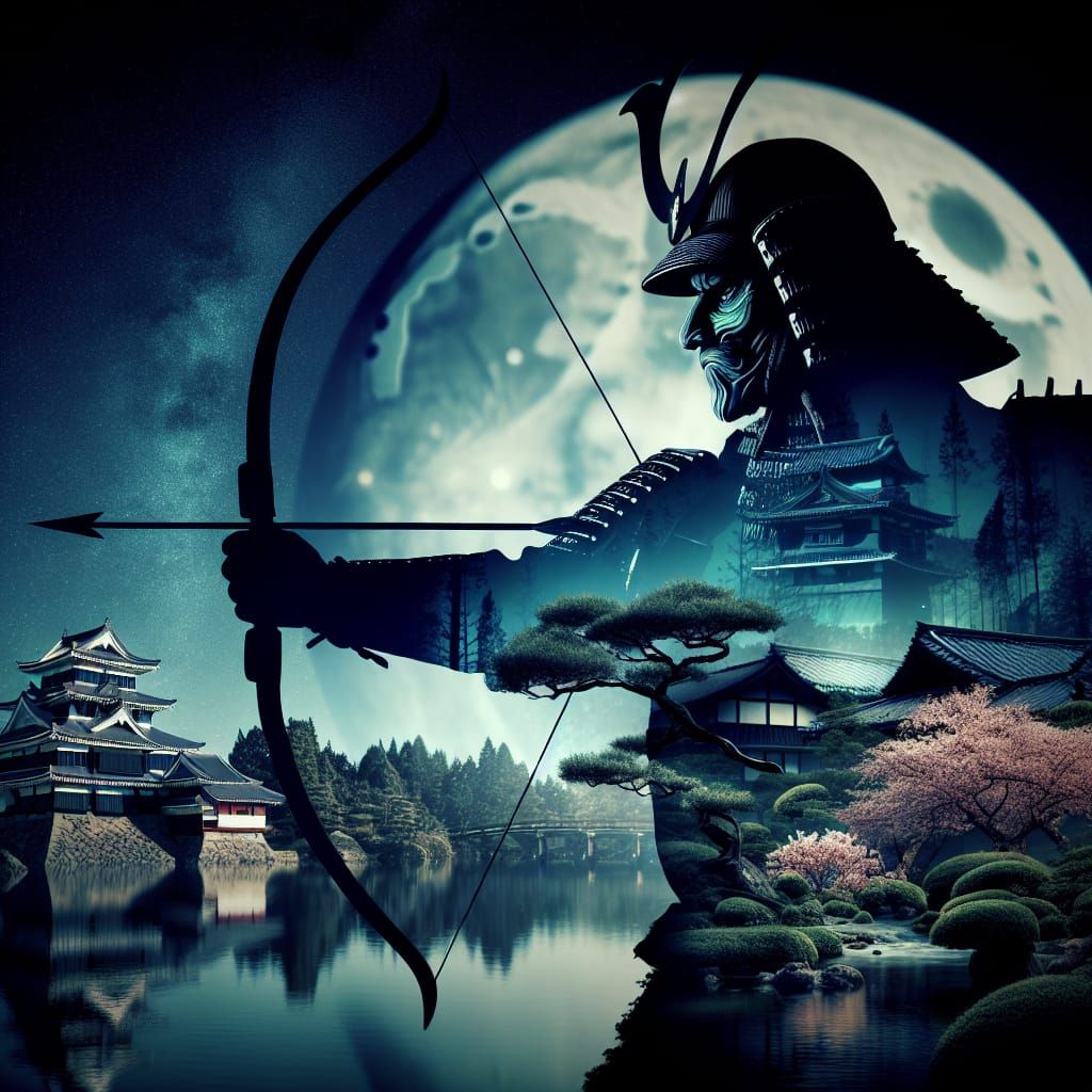 Samurai Archer Silhouette Under Moonlit Castle Siege