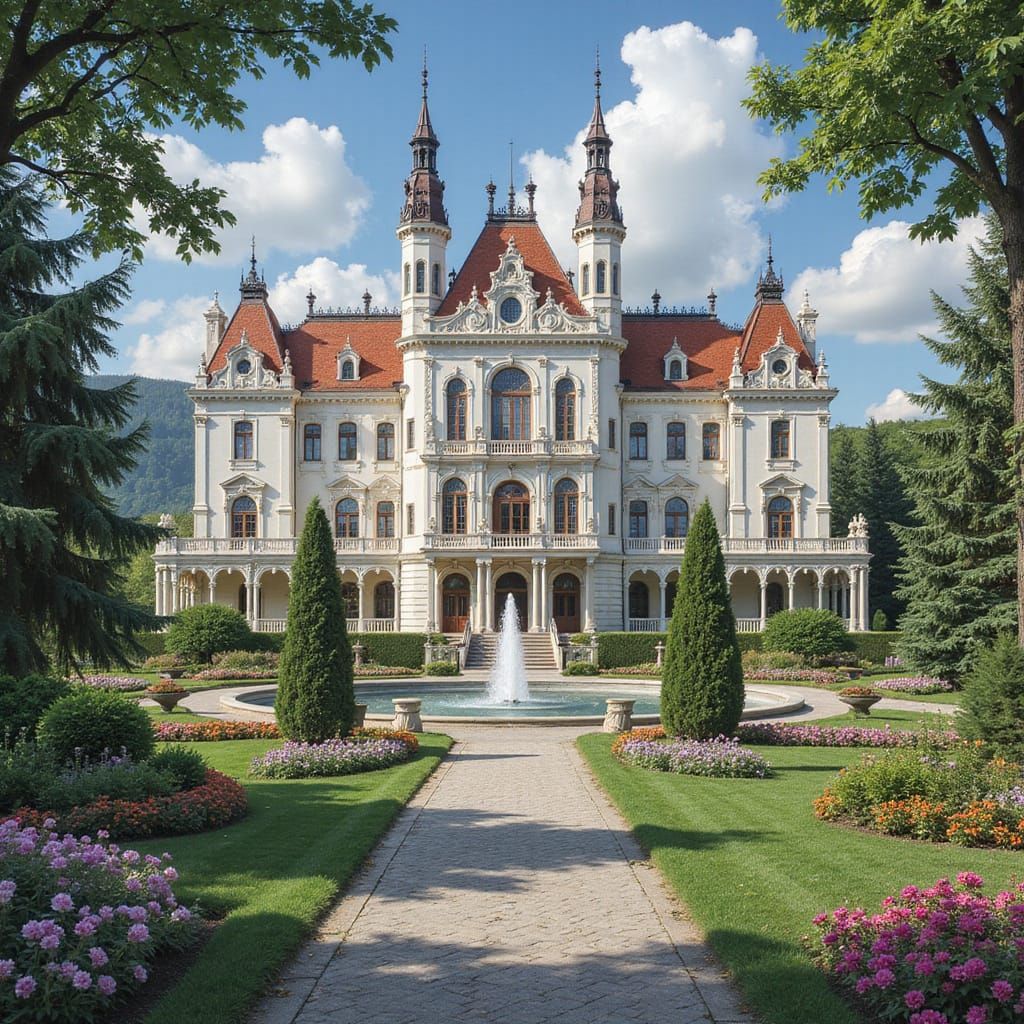 Elegant Palace Amidst Lush Gardens in a Vibrant Baroque Styl...