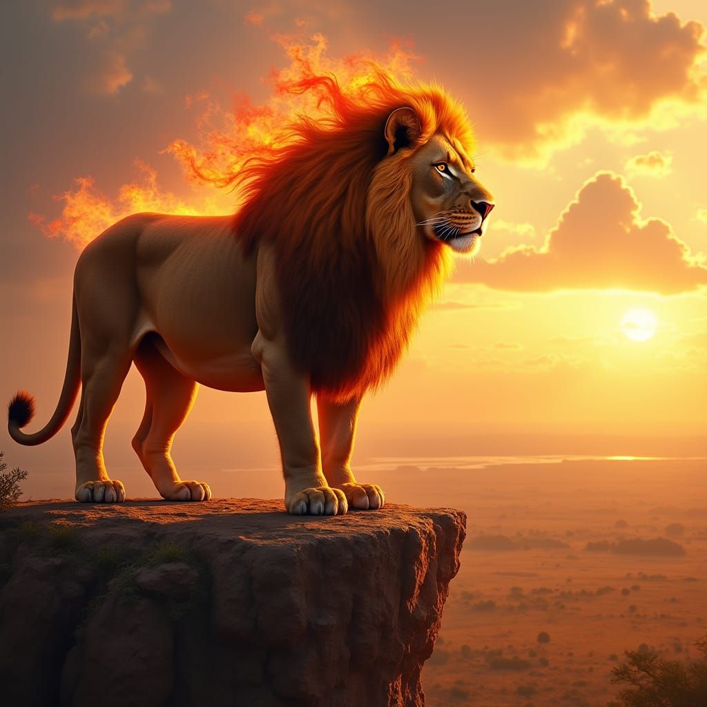 Lion with Fiery Mane Overlooking Savannah