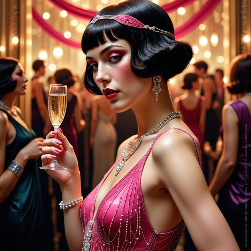 Brunette Flapper in Pink with Champagne, Art Deco Style