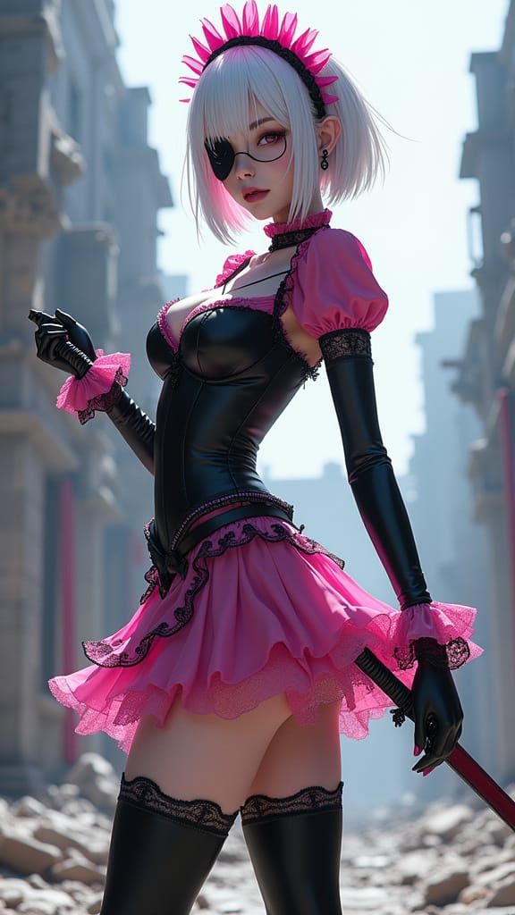 Cyberpunk Maid Warrior in Ruined City