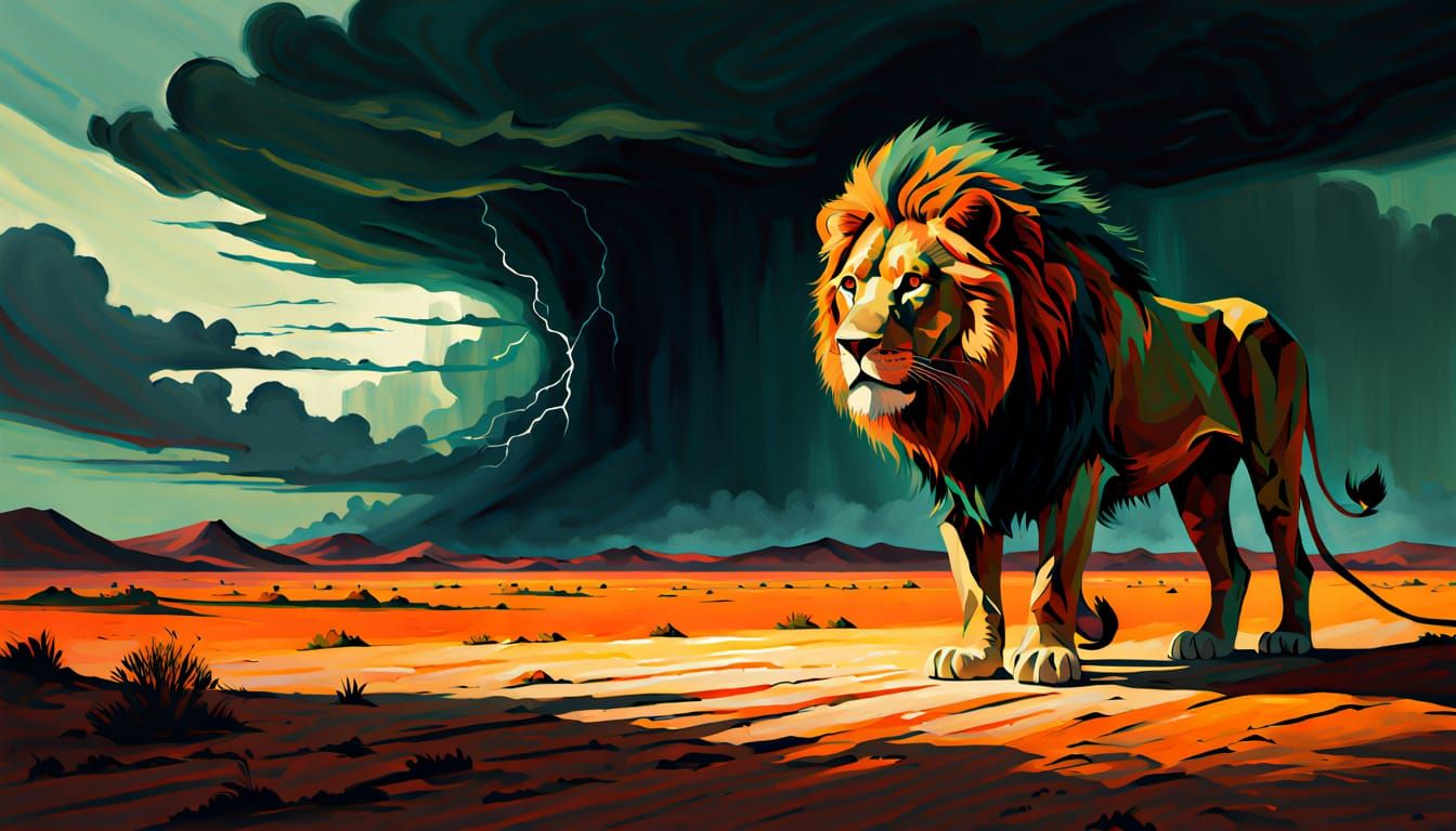 Surreal Lion Creature Strolls Through Desert Wasteland in Fa...