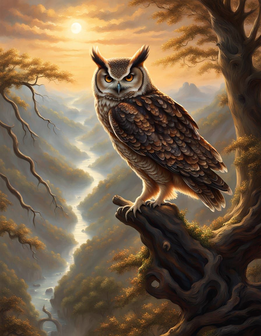 Wise Owl with Glowing Eyes in Misty Valley Oil Painting