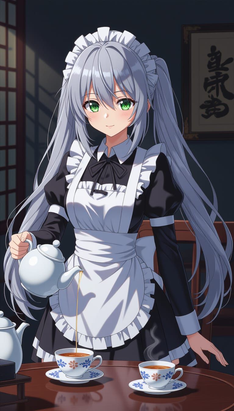 Anime Maid Pouring Tea in Manga Style