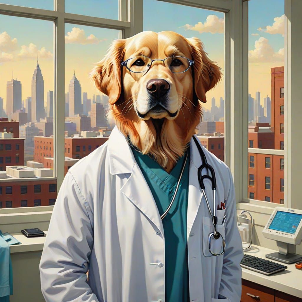 Golden Retriever Doctor in a Warm Realistic Style