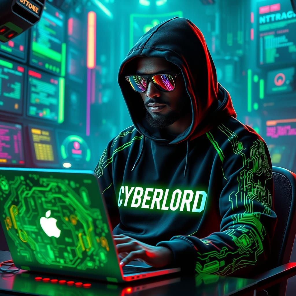 Legendary Cyberpunk Hacker in a Neon-Lit Lair