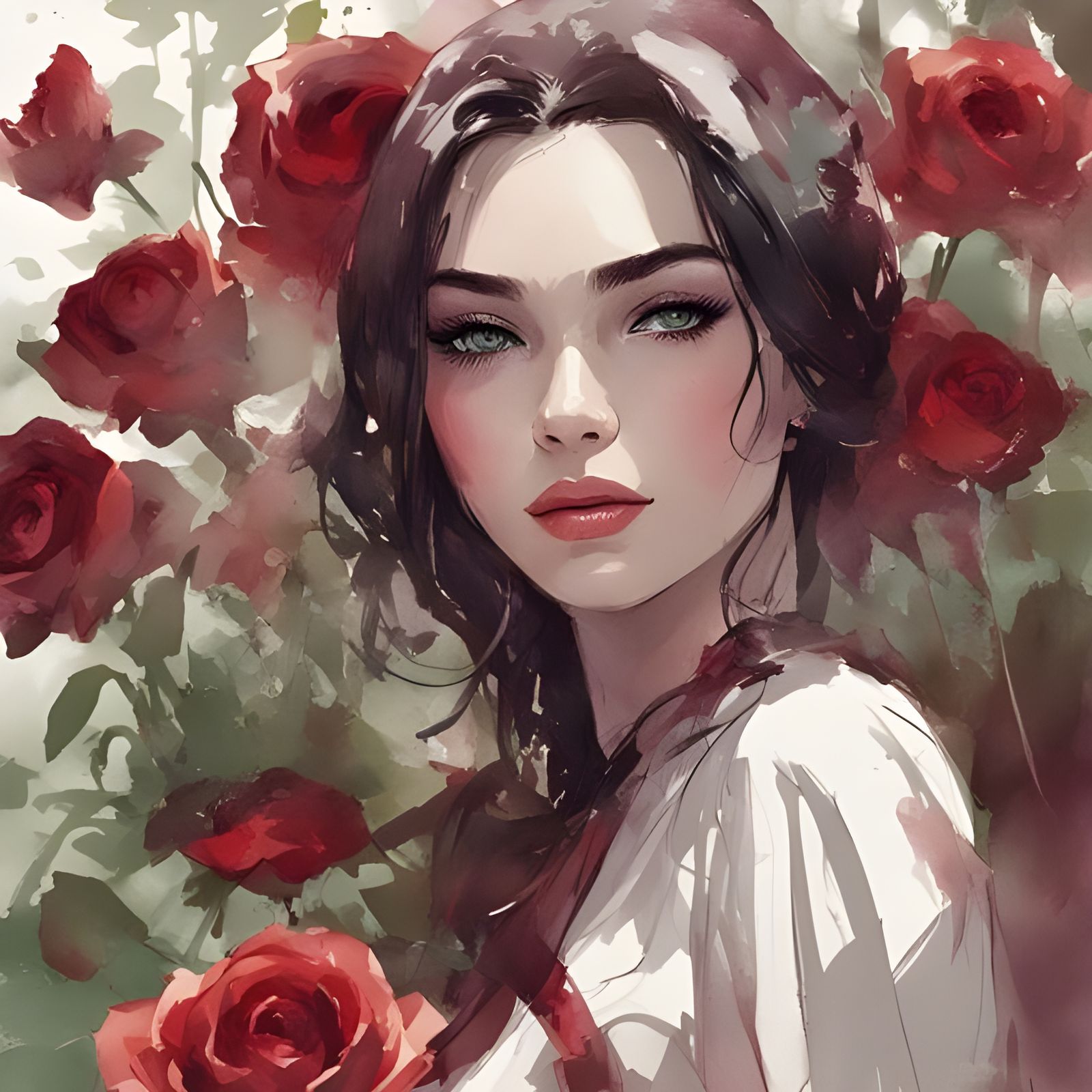 Watercolor Portrait of Tatar Russian Girl with Roses