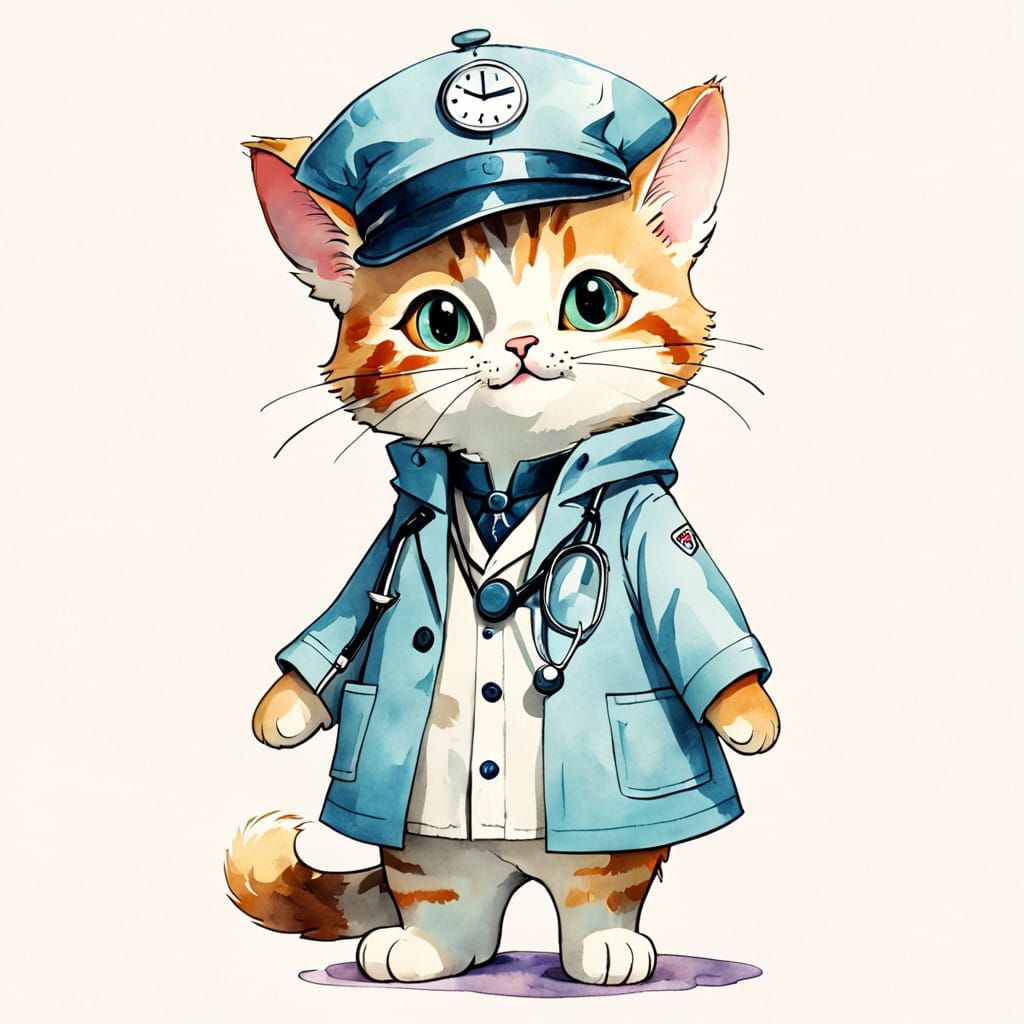 Whimsical Watercolor Cat Doctor in Classic Illustration Styl...