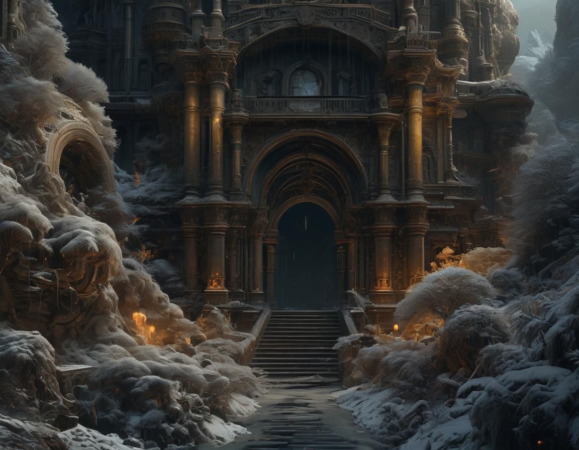 Ornate Dark Fantasy Concept Art in Purple and Yellow