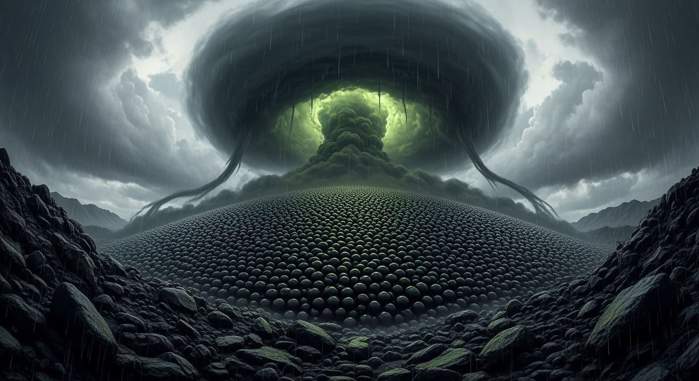 Ominous Toxic Cloud Over Rocky Landscape