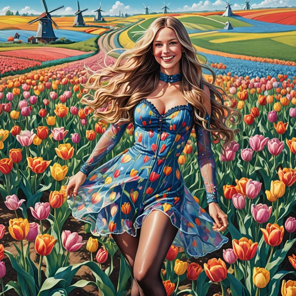 Dutch Woman Dancing in Tulip Field: Candyland Art