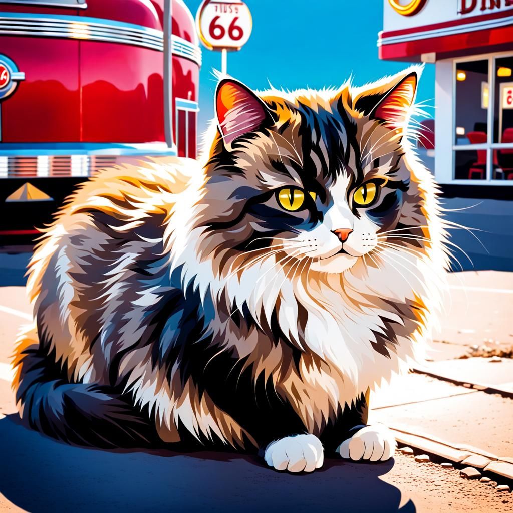 Distrustful Cat in Retro Diner on Route 66