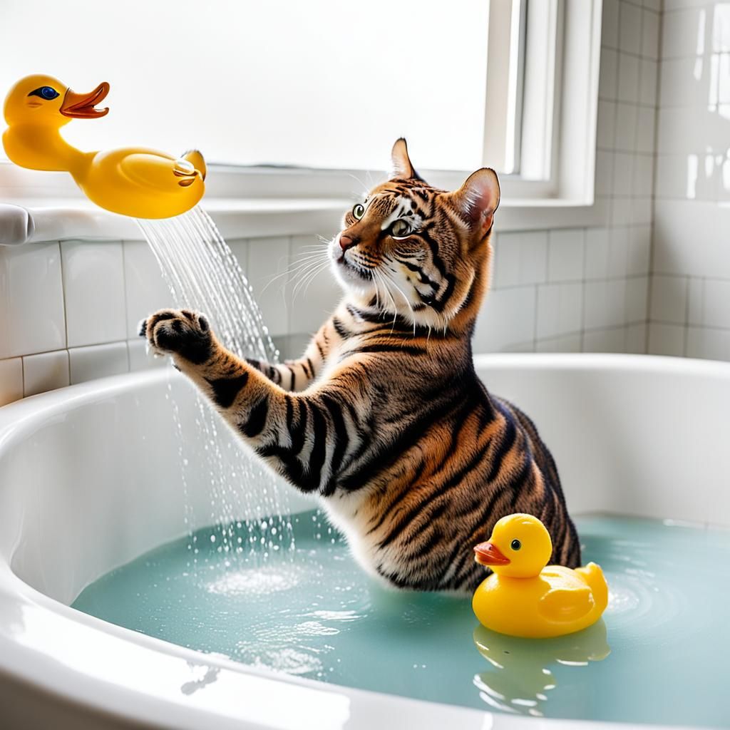 Tabby Cat Showering with Rubber Duck