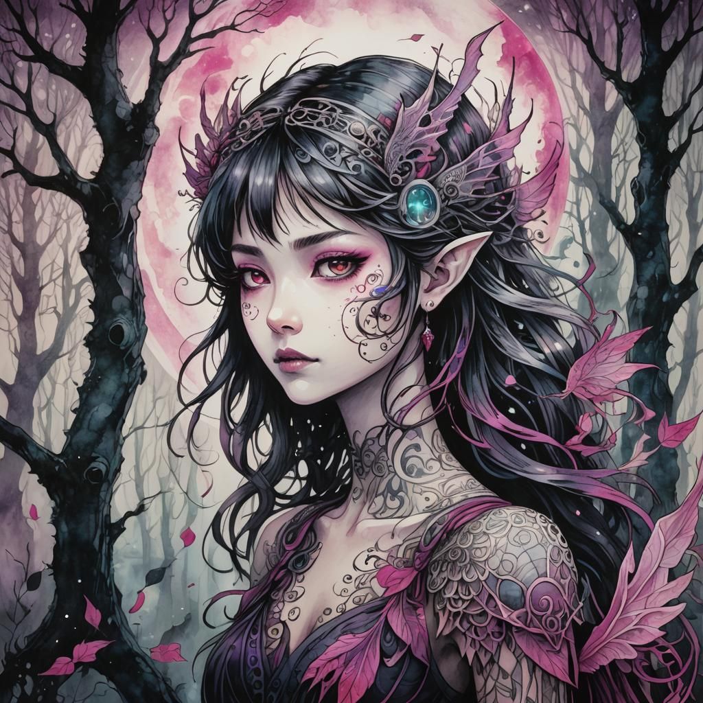 Dark Fantasy Anime Fairy in Misty Forest