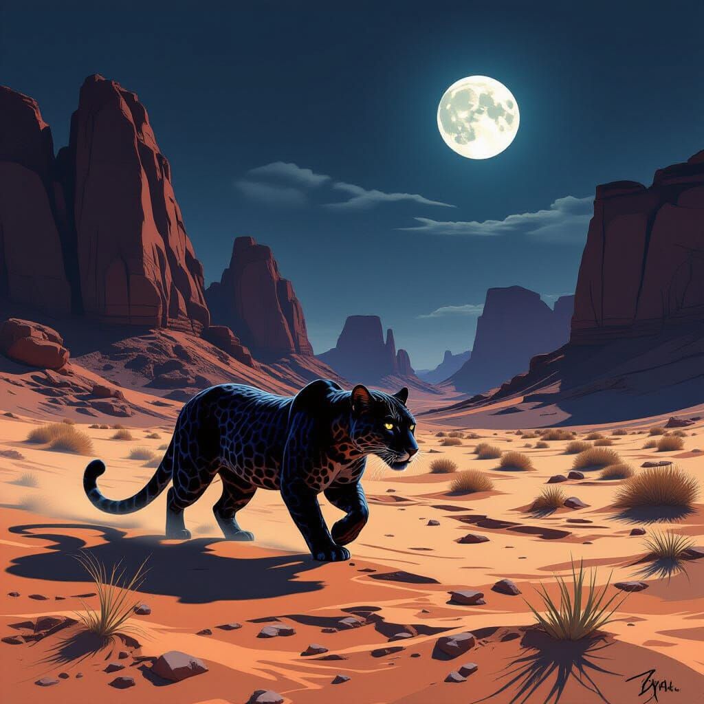 Obsidian Leopard in Moonlit Desert: Dark Fantasy Concept Art