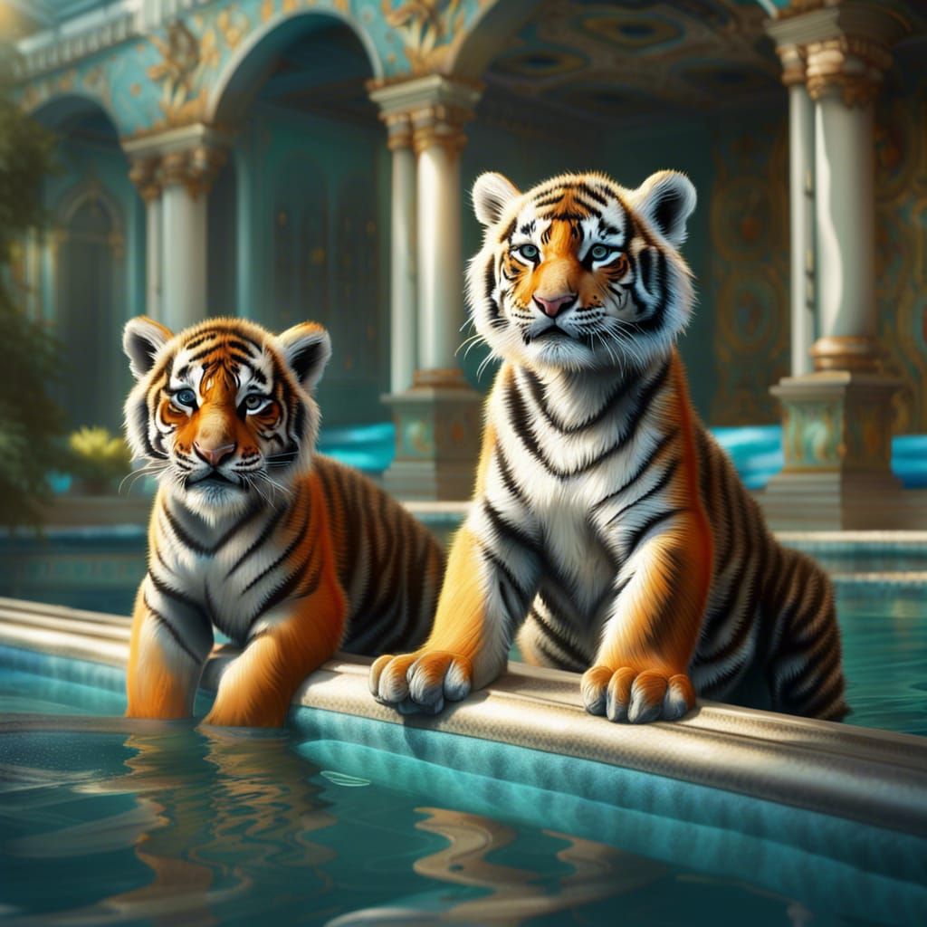 Siberian Tiger Cubs in Exotic Pool: Digital Painting