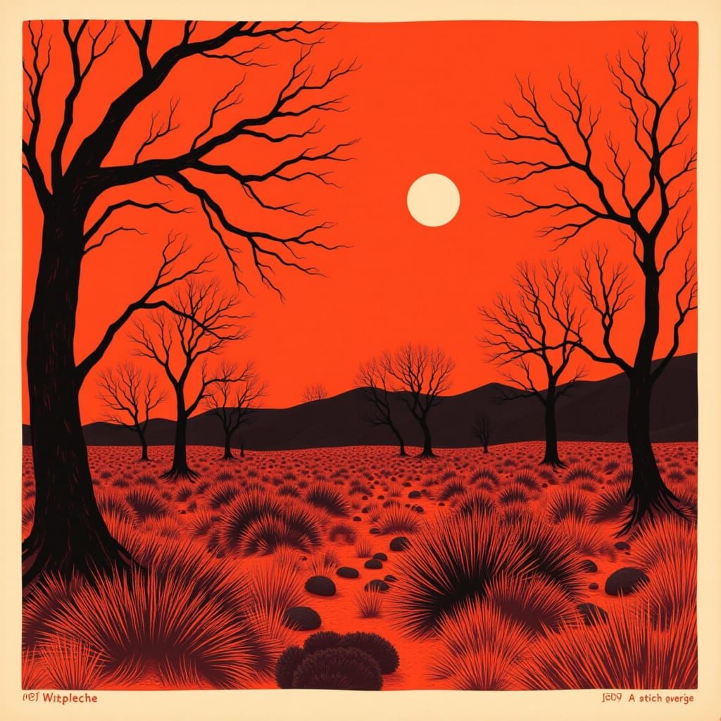 Surreal Bush Lands in Redscale Print Style