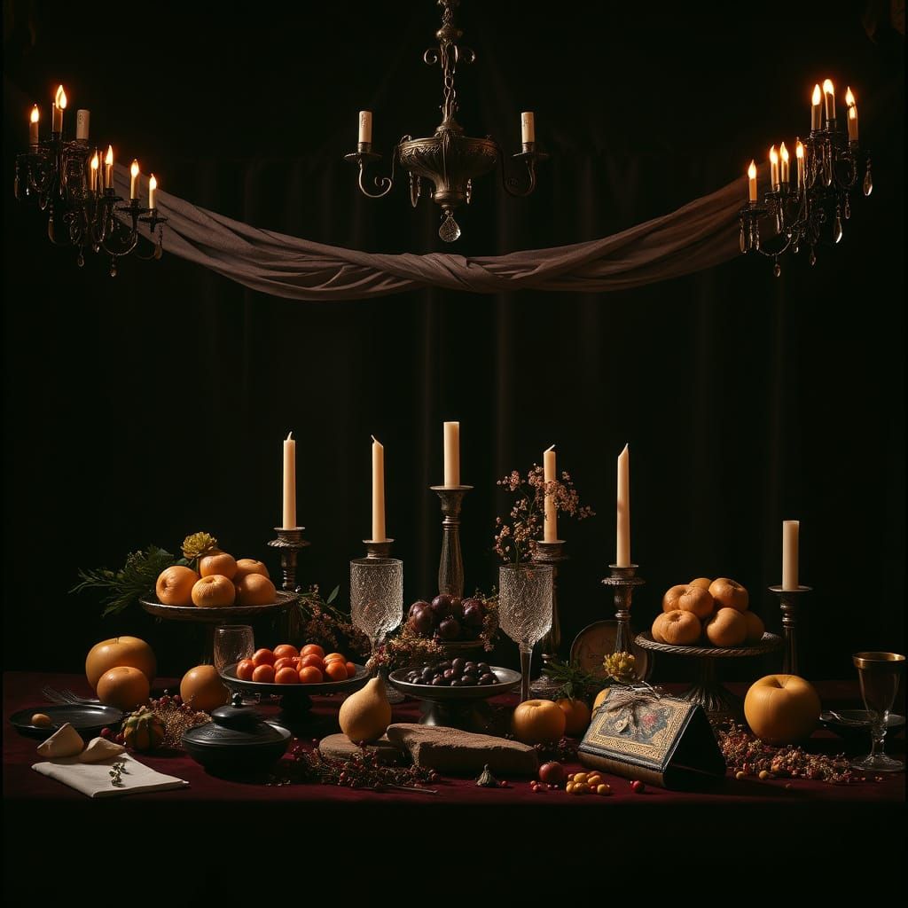Ethereal Black and Gold Still Life in Cinematic Style