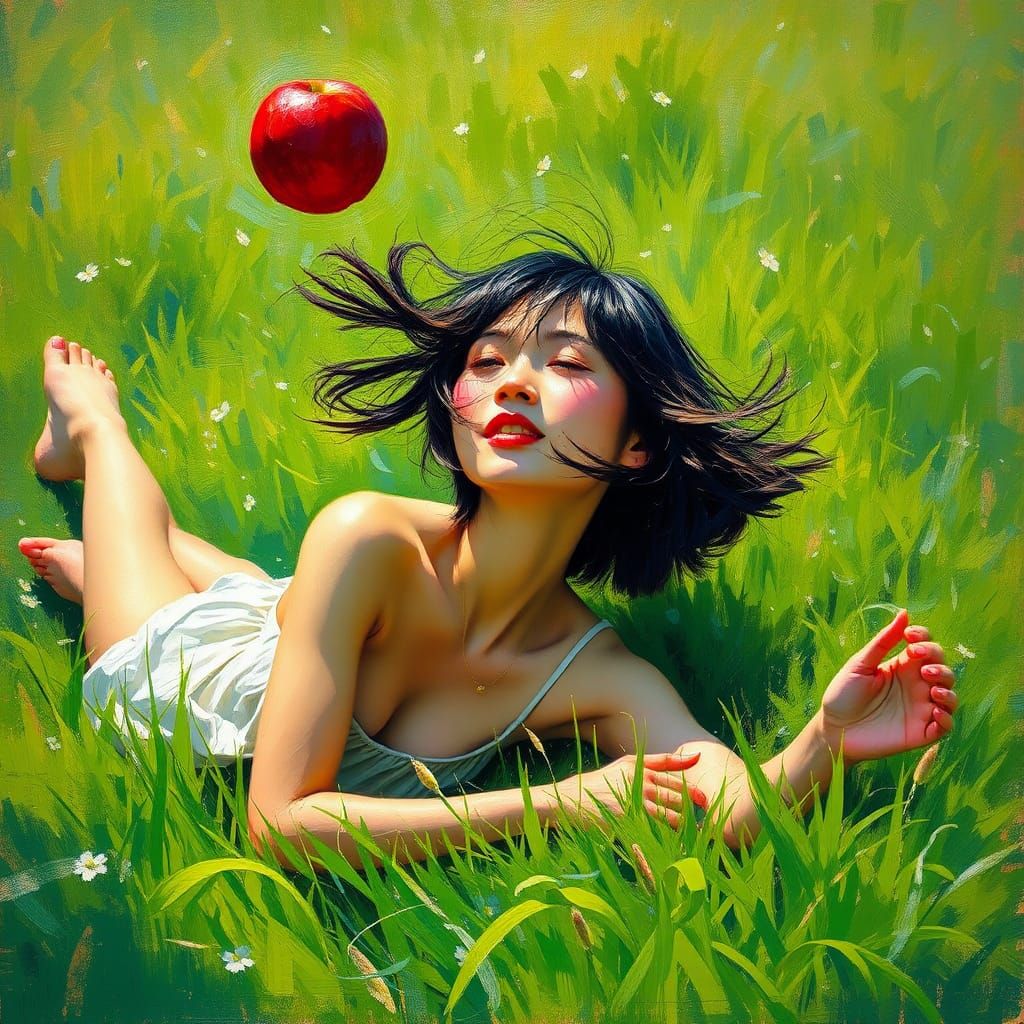 Taiwanese Woman in Meadow, Impressionist Oil Painting