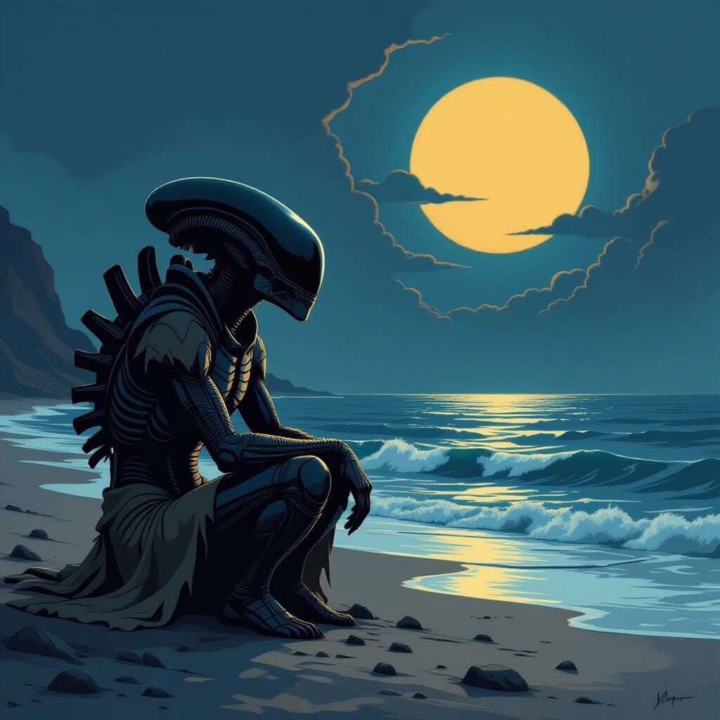 Contemplative Xenomorph on Barren Shore in Block Colors